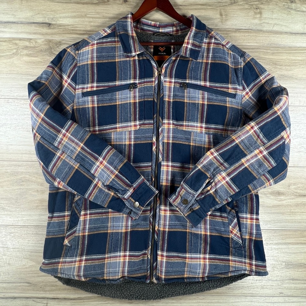 Hawx Work Gear Mens 2XL Blue Orange Plaid Sherpa Lined Flannel Jacket HF19W12